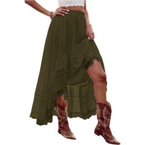 Women Army Green Maxi Skirt High Low Asymmetrical Lace Ruffle Hem Western Skirt